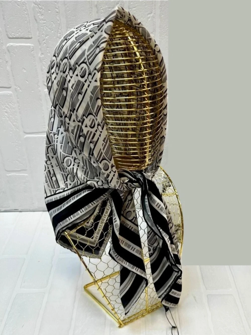 Square Silk Scarf Black Gray White Signed Luxury Designer Inspired Head Wrap